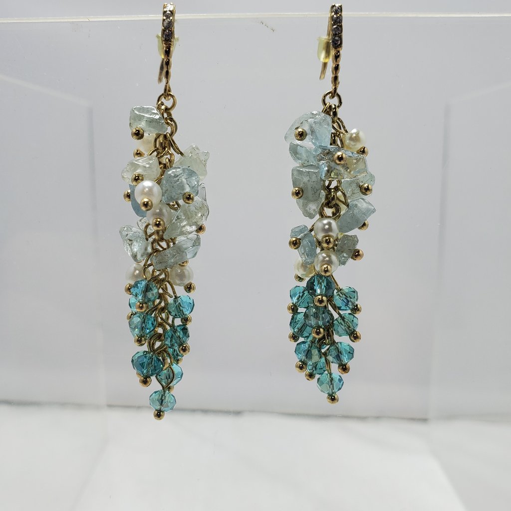 Ali Khan Crystal Glass Bead Cluster Cascade Drop Earring Aquamarine Sky Blue 18$